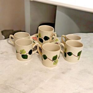 Oven King Italy Strawberry & Leaf Ceramic 6 Cups & 6 Saucers Set Vintage Hand Pa